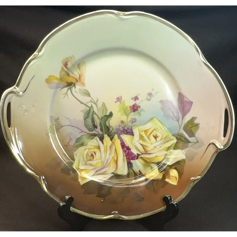 Antique‎ J&G Louise Bavaria Hand Painted Yellow Roses Cake Plate Signed Handled